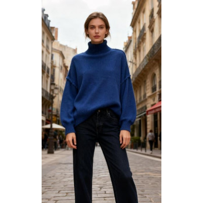 Pull à Col Roulé Oversize en Tricot Bleu