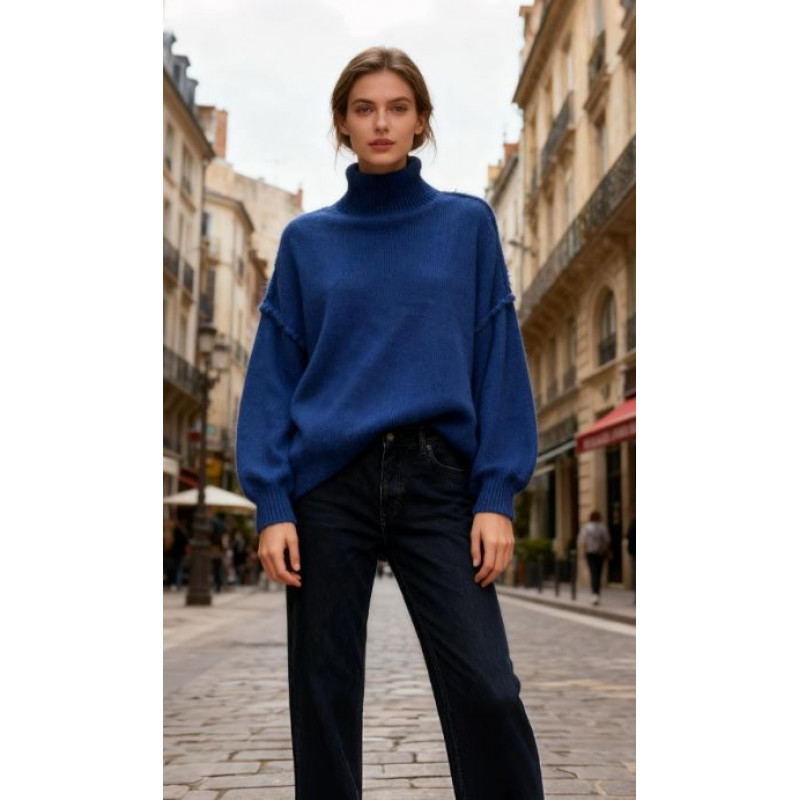 Pull à Col Roulé Oversize en Tricot Bleu