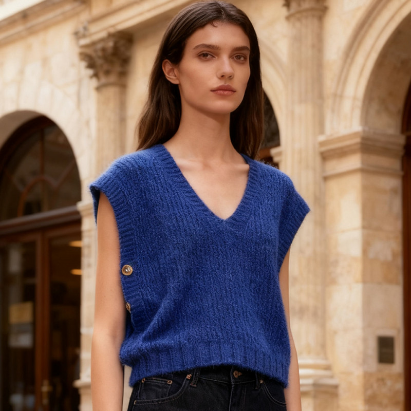 Pull sans manches femme marine tricoté avec boutons latéraux