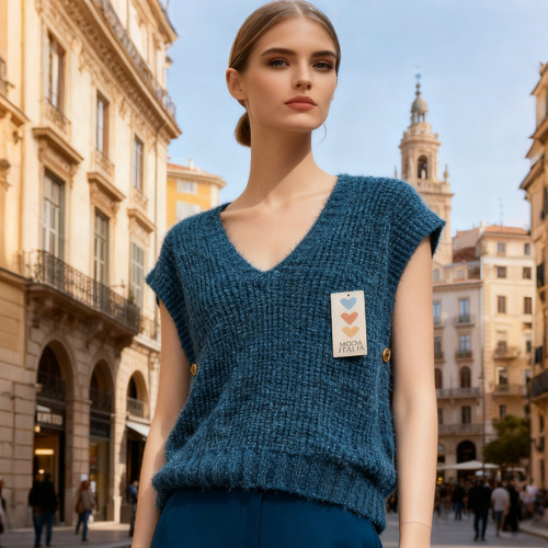 Pull sans manches femme en maille bleu