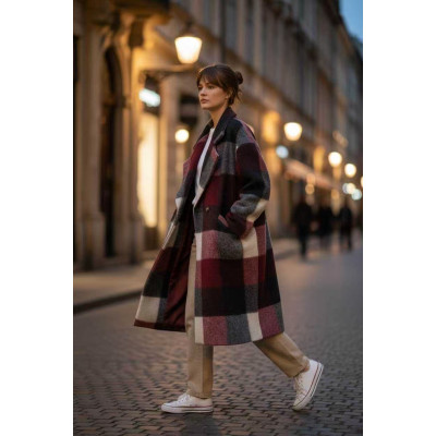 Manteau long à carreaux femme