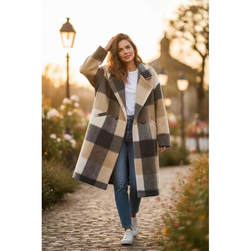 Manteau long à carreaux beige et gris en laine